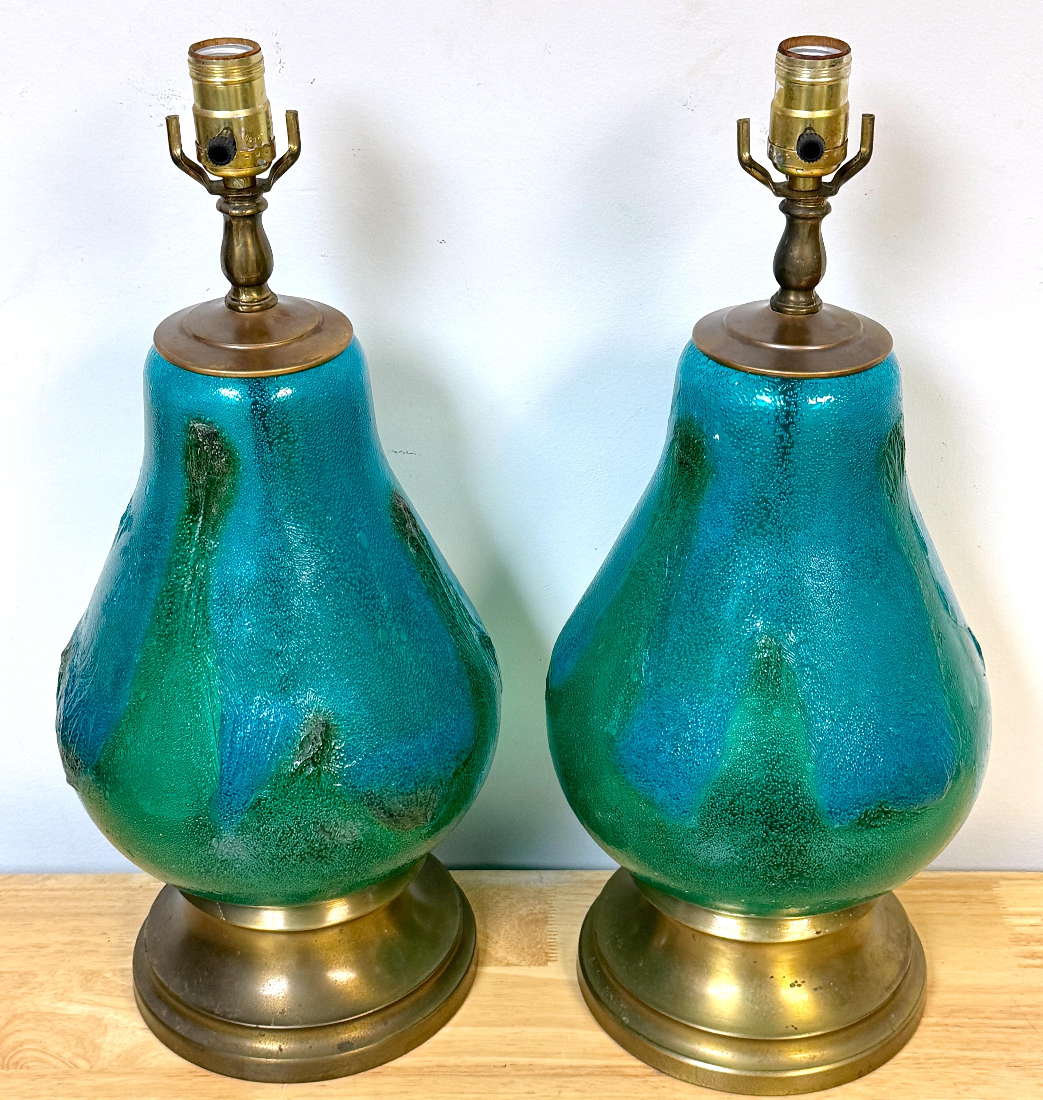 Mid-Century Modern Pair of Turquoise Oceanic Murano Glass & Brass Table Lamps, Italy, Circa 1960s For Sale