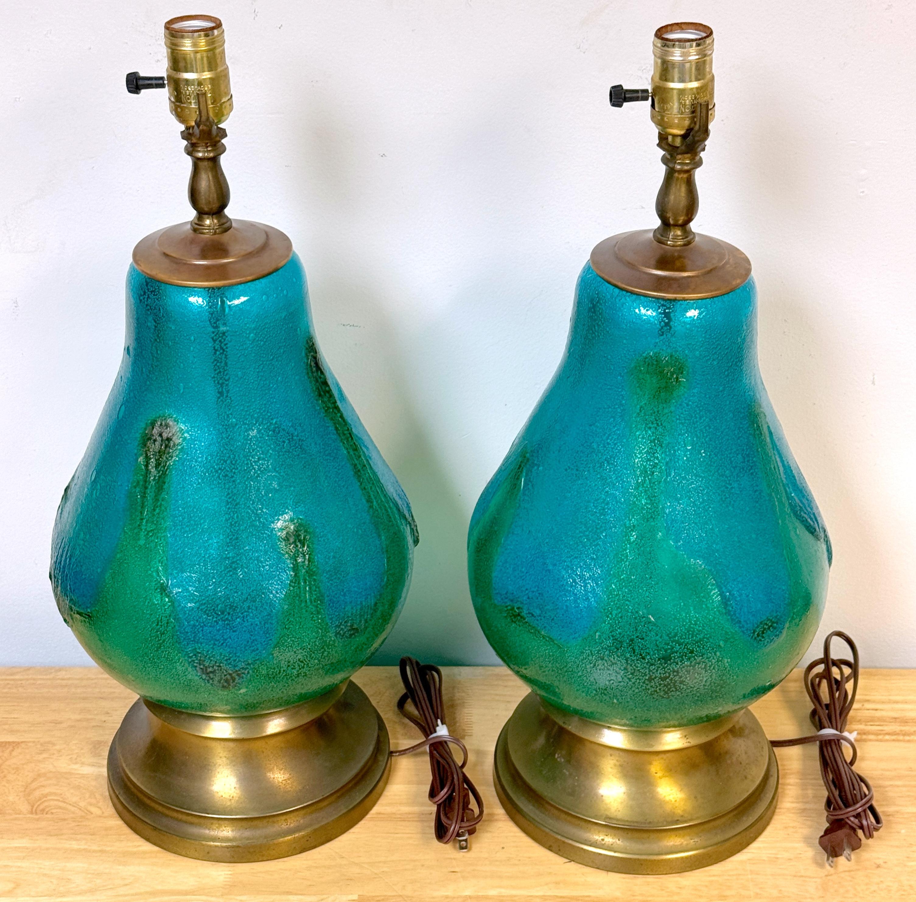 Italian Pair of Turquoise Oceanic Murano Glass & Brass Table Lamps, Italy, Circa 1960s For Sale
