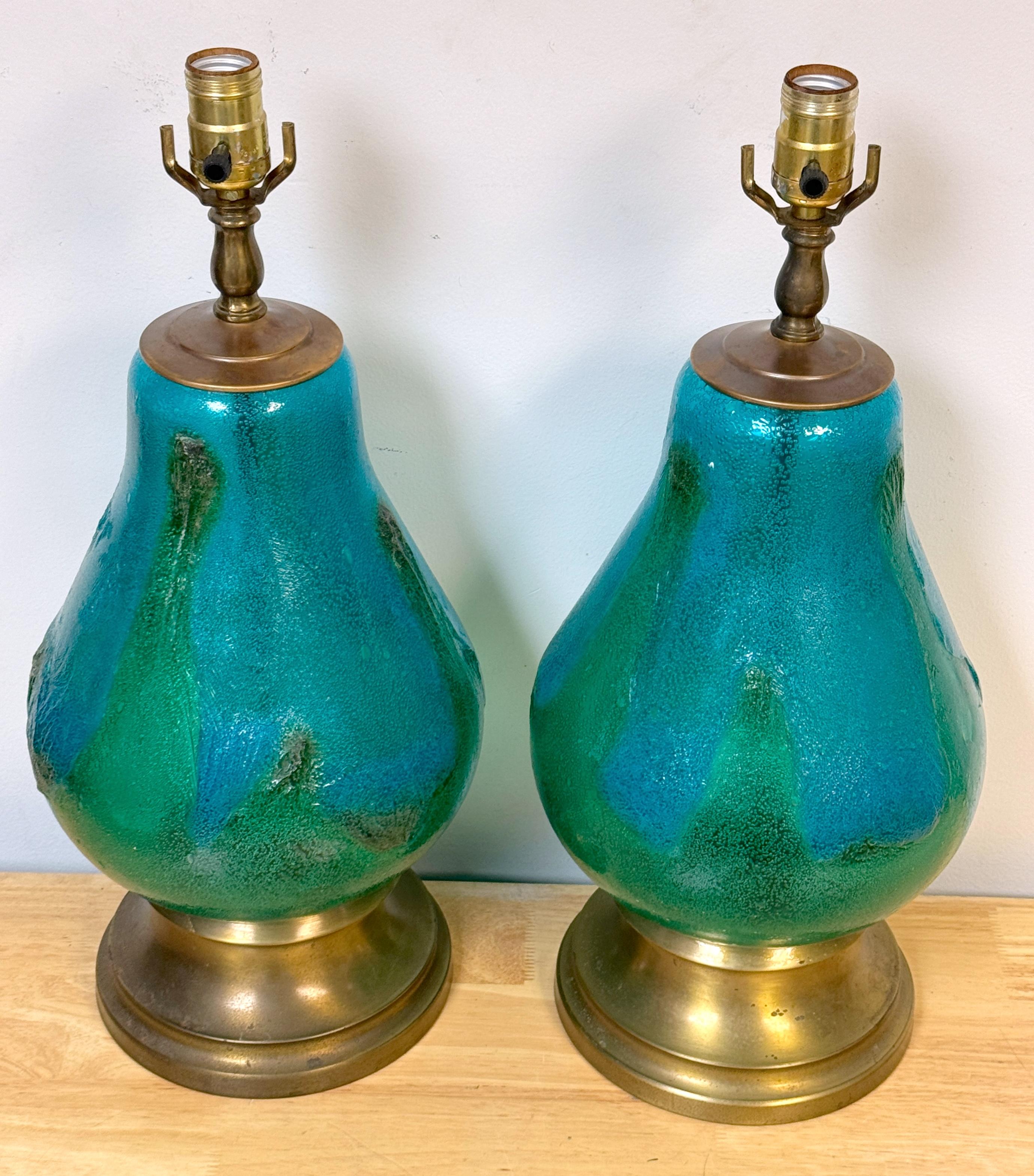 Pair of Turquoise Oceanic Murano Glass & Brass Table Lamps, Italy, Circa 1960s For Sale 1