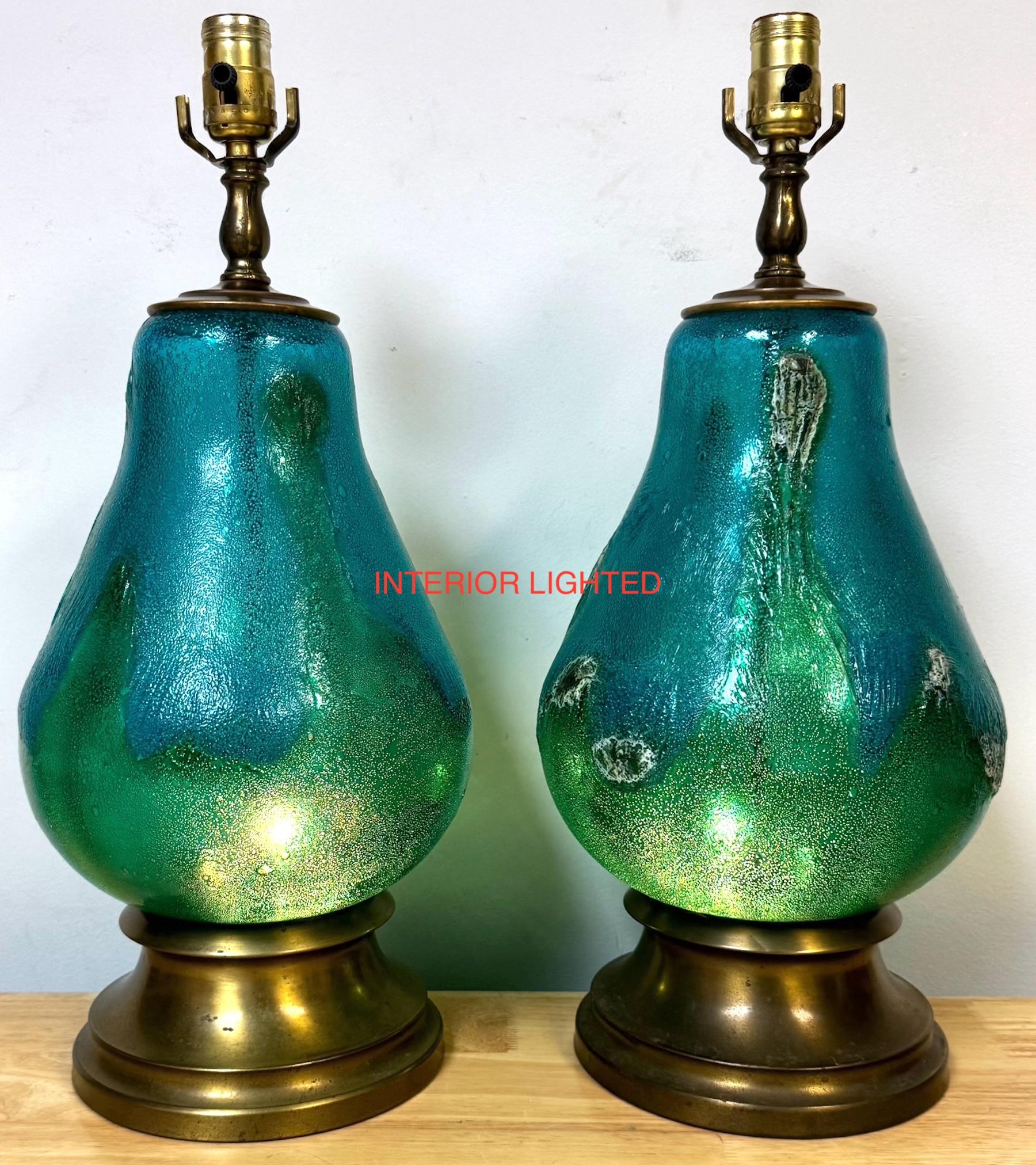Pair of Turquoise Oceanic Murano Glass & Brass Table Lamps, Italy, Circa 1960s For Sale 2
