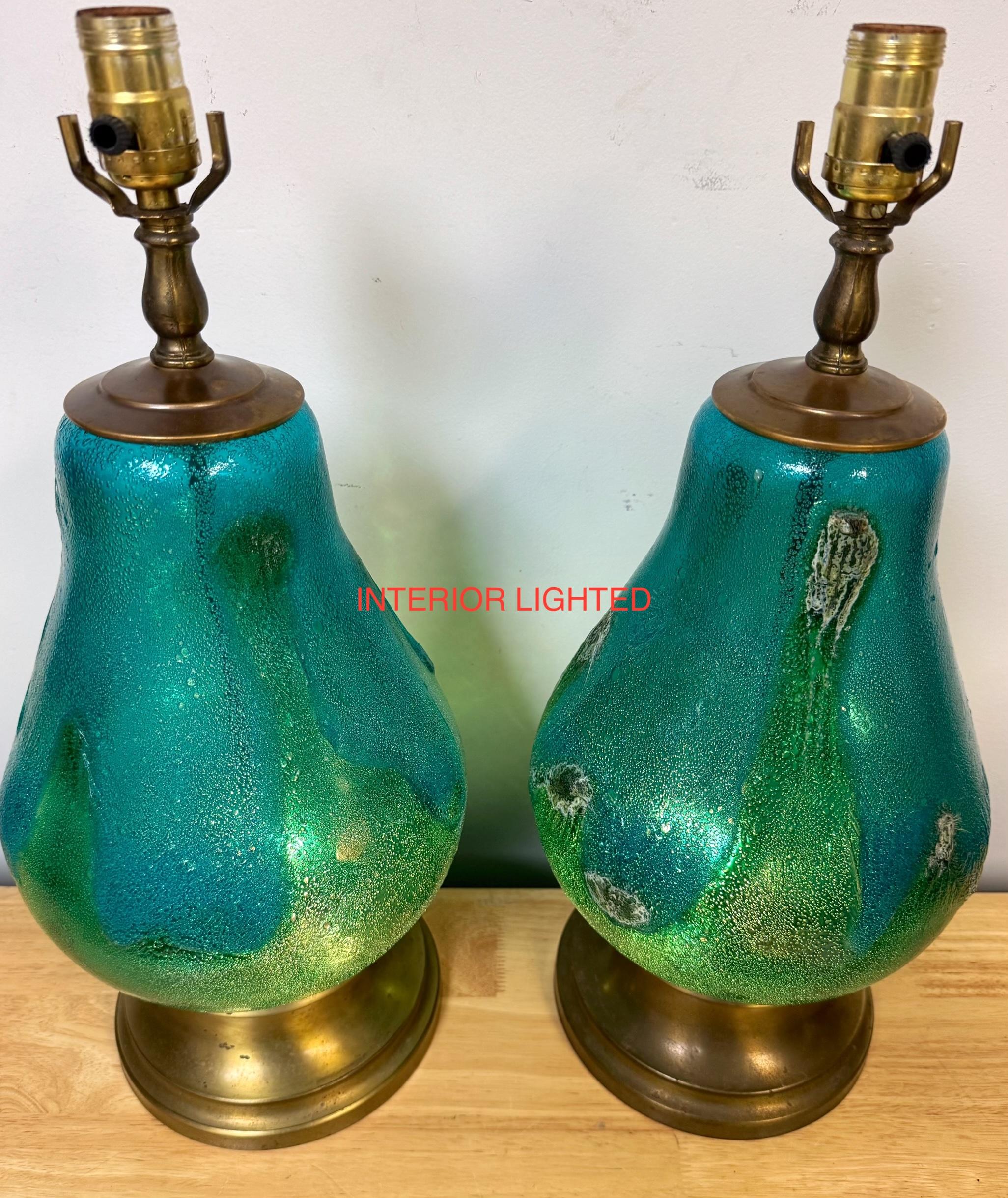 Pair of Turquoise Oceanic Murano Glass & Brass Table Lamps, Italy, Circa 1960s For Sale 3