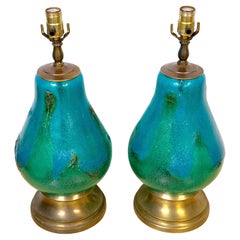 Pair of Turquoise Oceanic Murano Glass & Brass Table Lamps, Italy, Circa 1960s