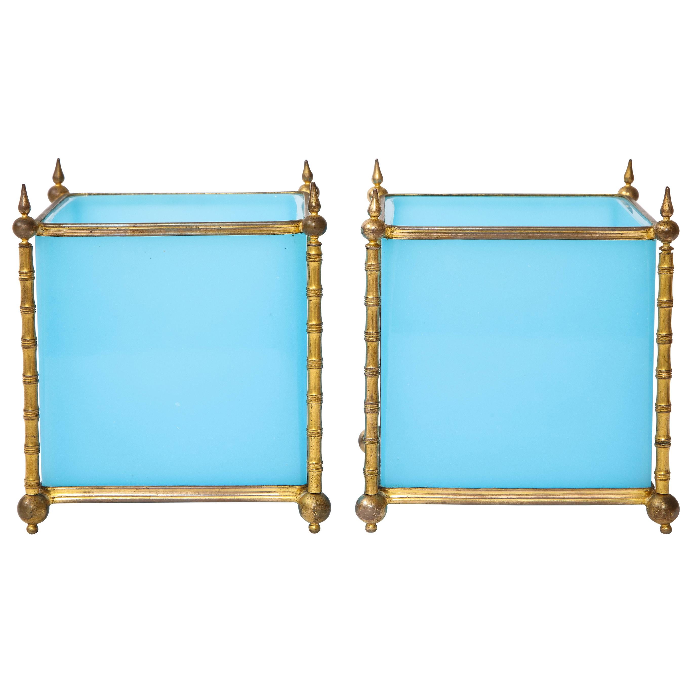 Pair of Turquoise Opaline Baccarat Crystal Ormolu Mounted Jardinière/Cache Pots