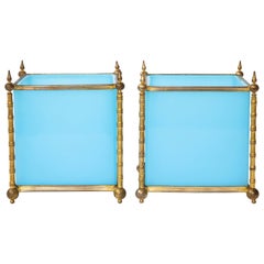 Used Pair of Turquoise Opaline Baccarat Crystal Ormolu Mounted Jardinière/Cache Pots