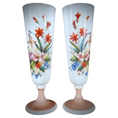 Pair of Turquoise Opaline Glass Vases Hand-Painted with Butterflies and Flowers