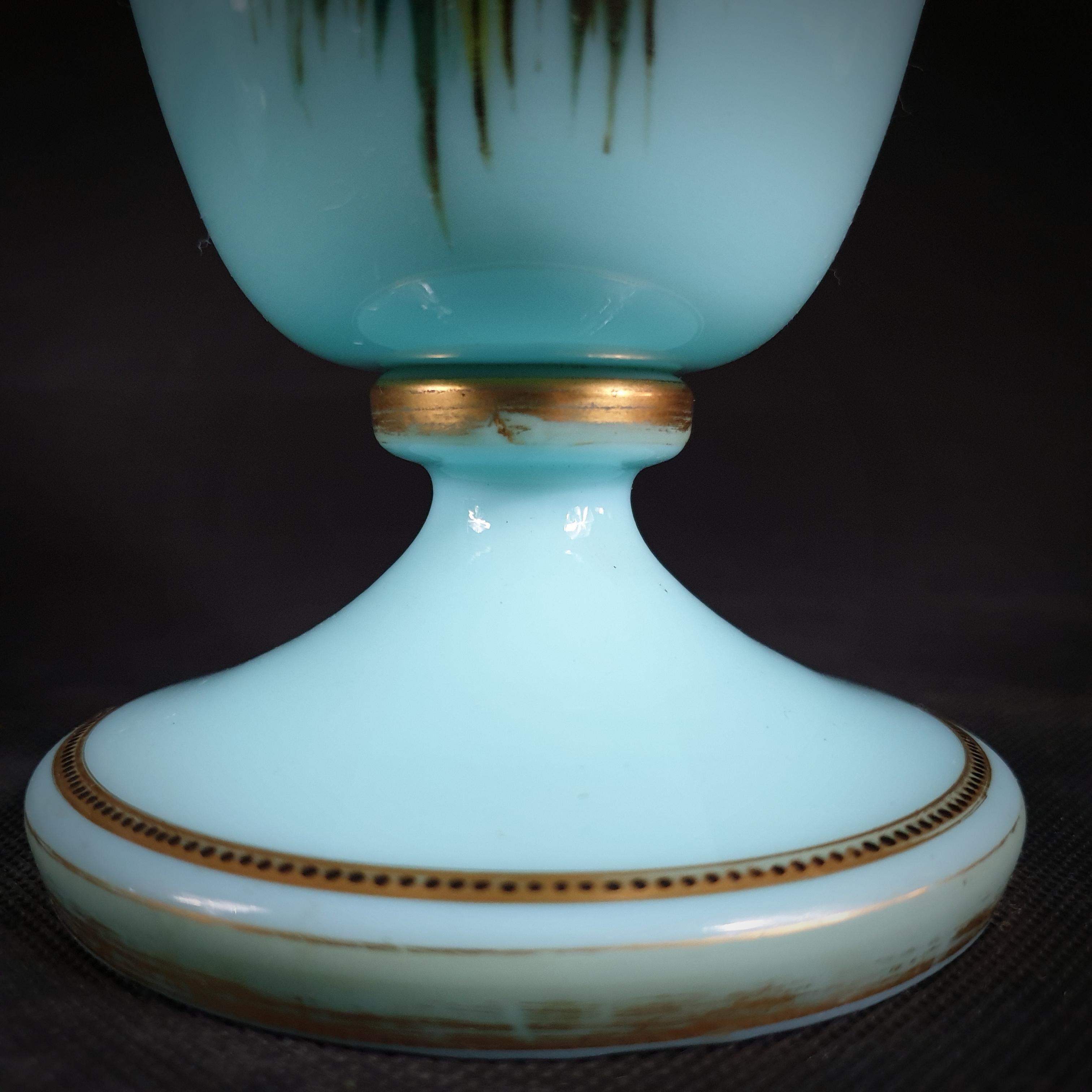 Gold Pair of Turquoise Opaline Glass Vases Hand-Painted with Parakeets and Flowers For Sale