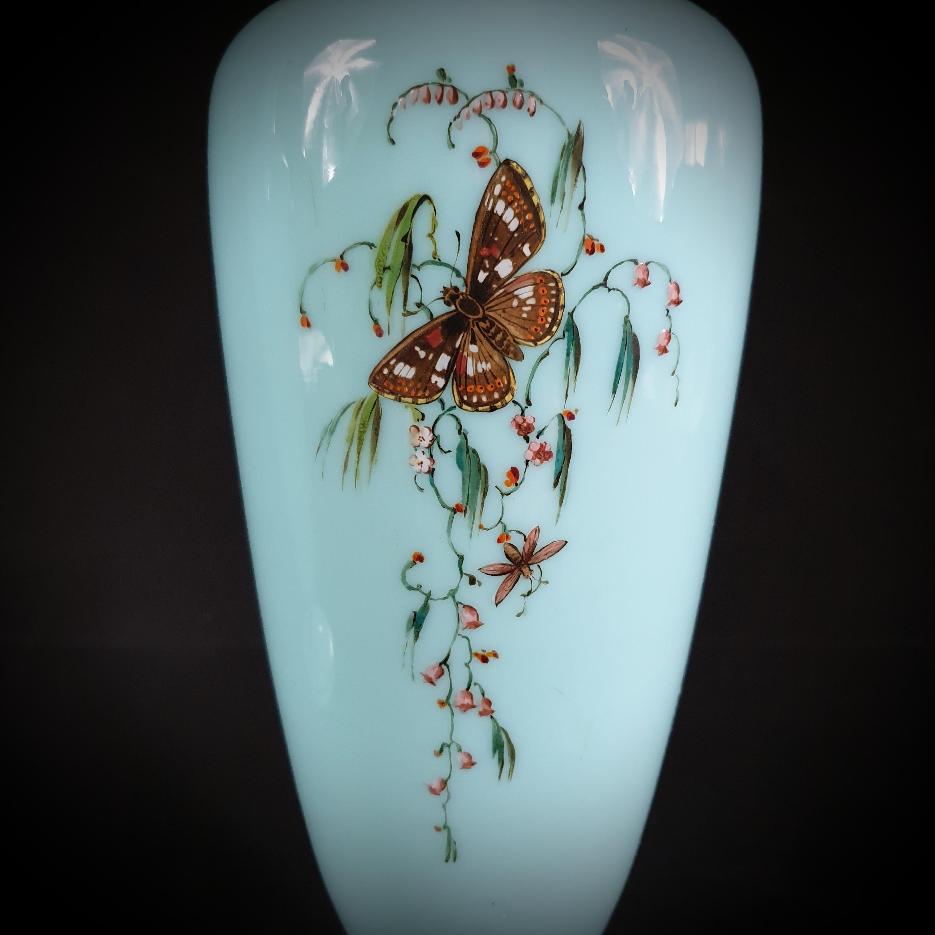 Late Victorian Pair of Turquoise Opaline Glass Vases Hand-Painted with Parakeets and Flowers For Sale