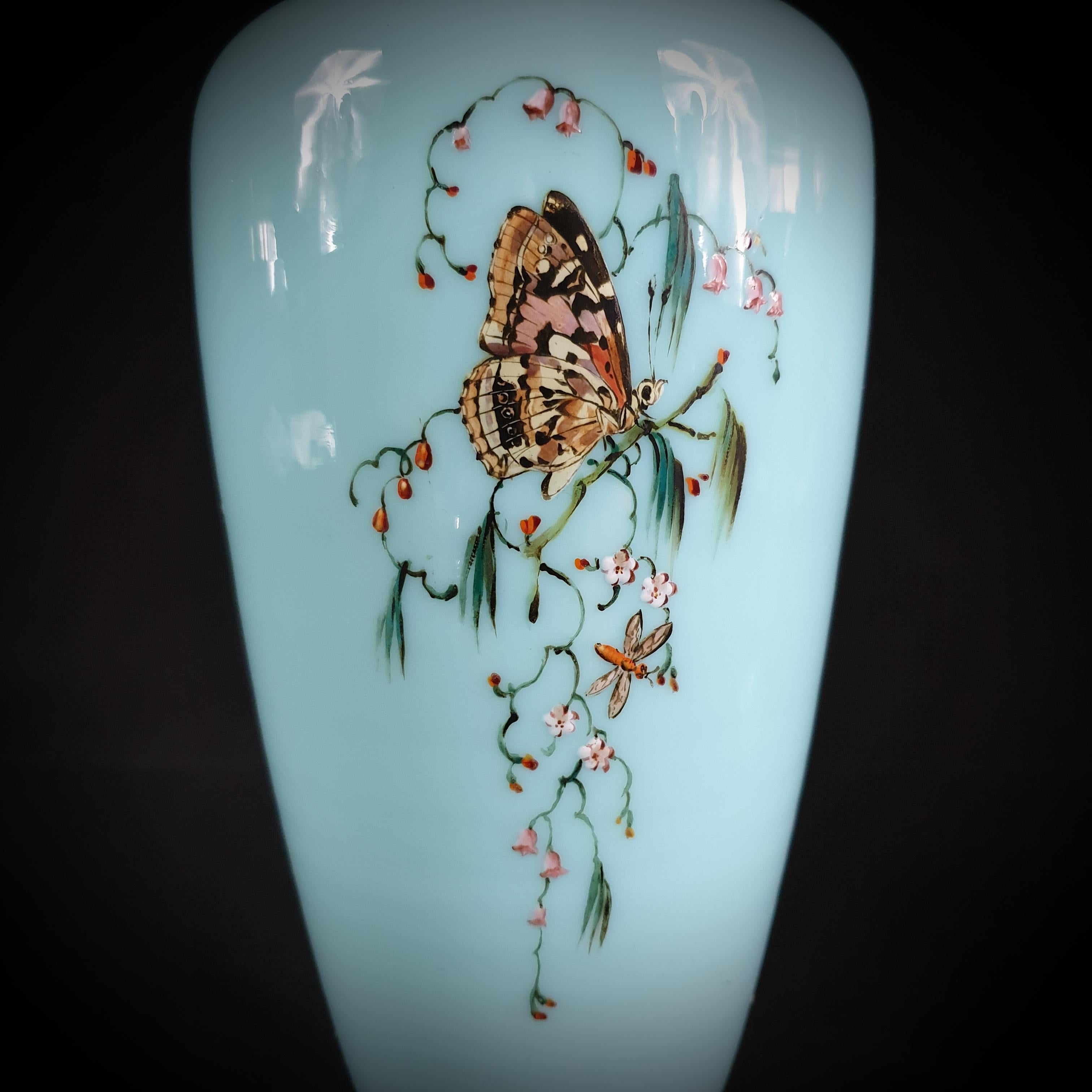 French Pair of Turquoise Opaline Glass Vases Hand-Painted with Parakeets and Flowers For Sale