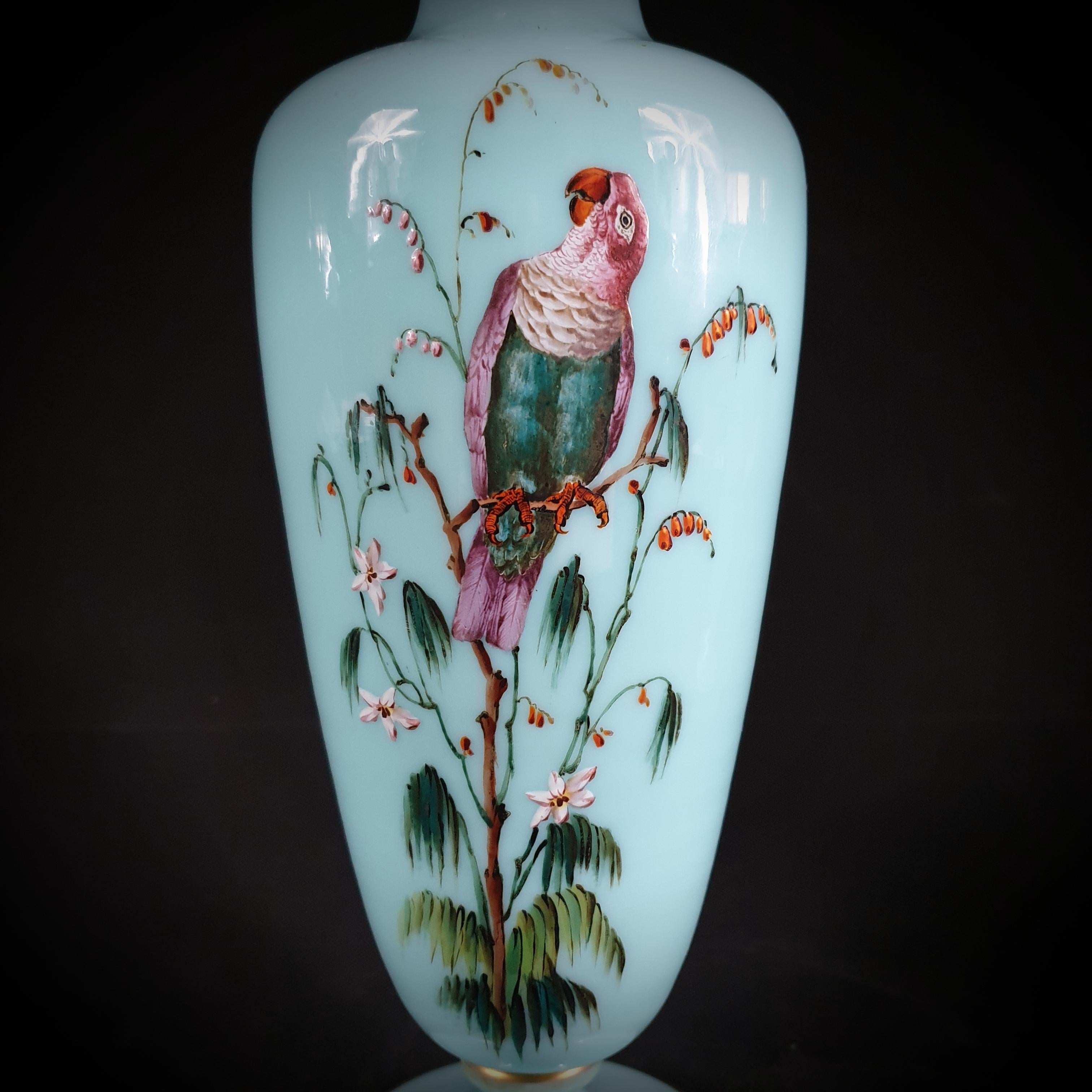 Pressed Pair of Turquoise Opaline Glass Vases Hand-Painted with Parakeets and Flowers For Sale