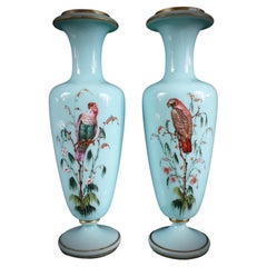 Antique Pair of Turquoise Opaline Glass Vases Hand-Painted with Parakeets and Flowers