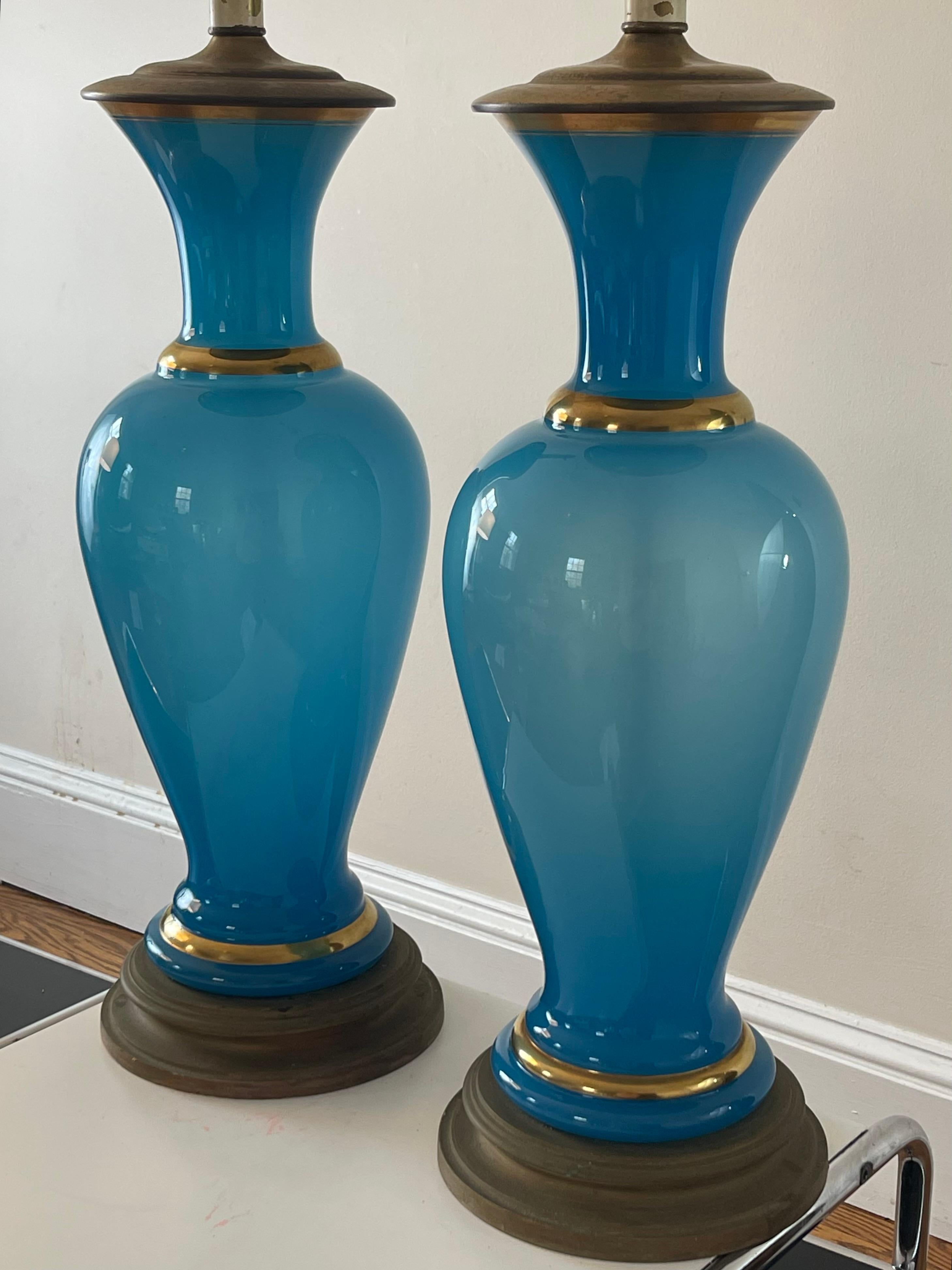 Opaline Glass Pair of Turquoise Opaline Lamps For Sale