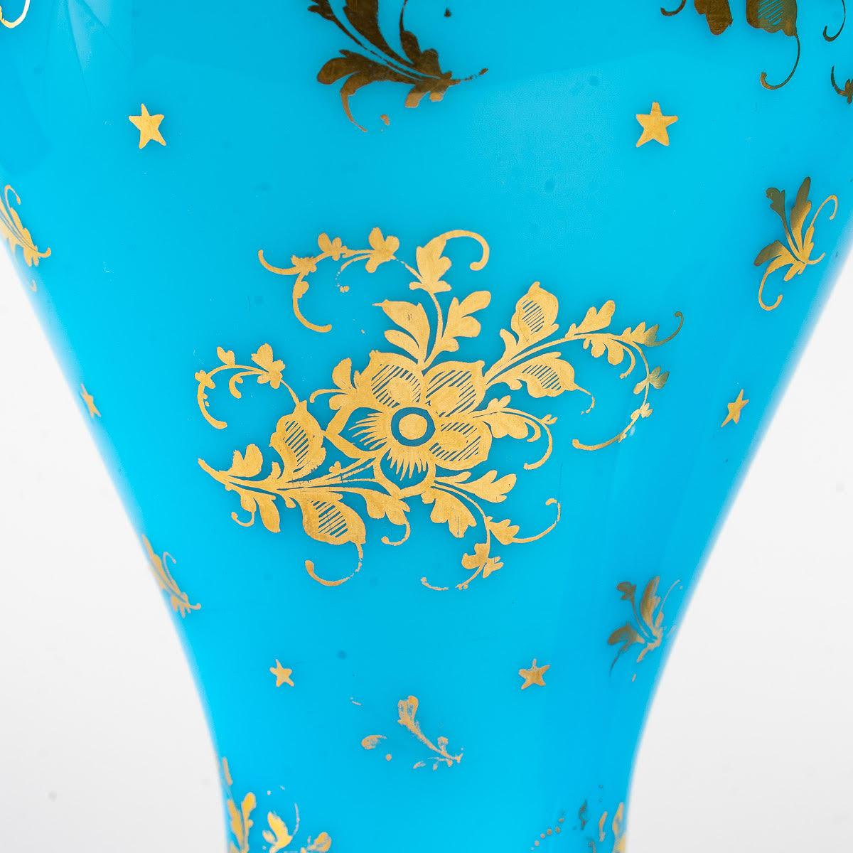 Napoleon III Pair of Turquoise Opaline Vases Enameled Gold For Sale