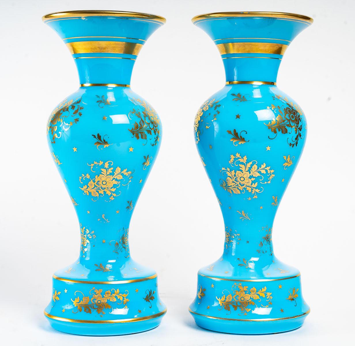 French Pair of Turquoise Opaline Vases Enameled Gold For Sale