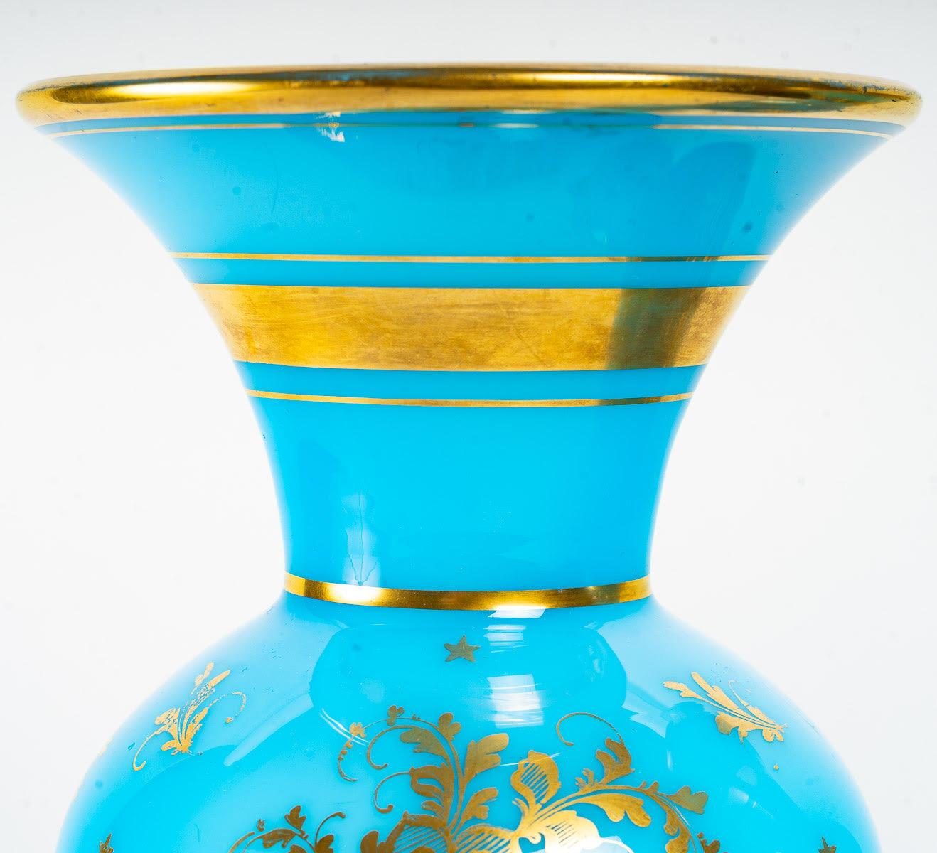 19th Century Pair of Turquoise Opaline Vases Enameled Gold For Sale