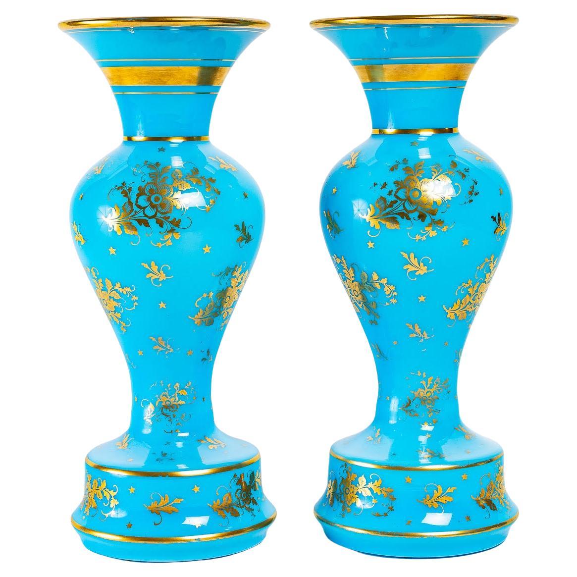 Pair of Turquoise Opaline Vases Enameled Gold For Sale