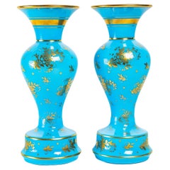 Antique Pair of Turquoise Opaline Vases Enameled Gold