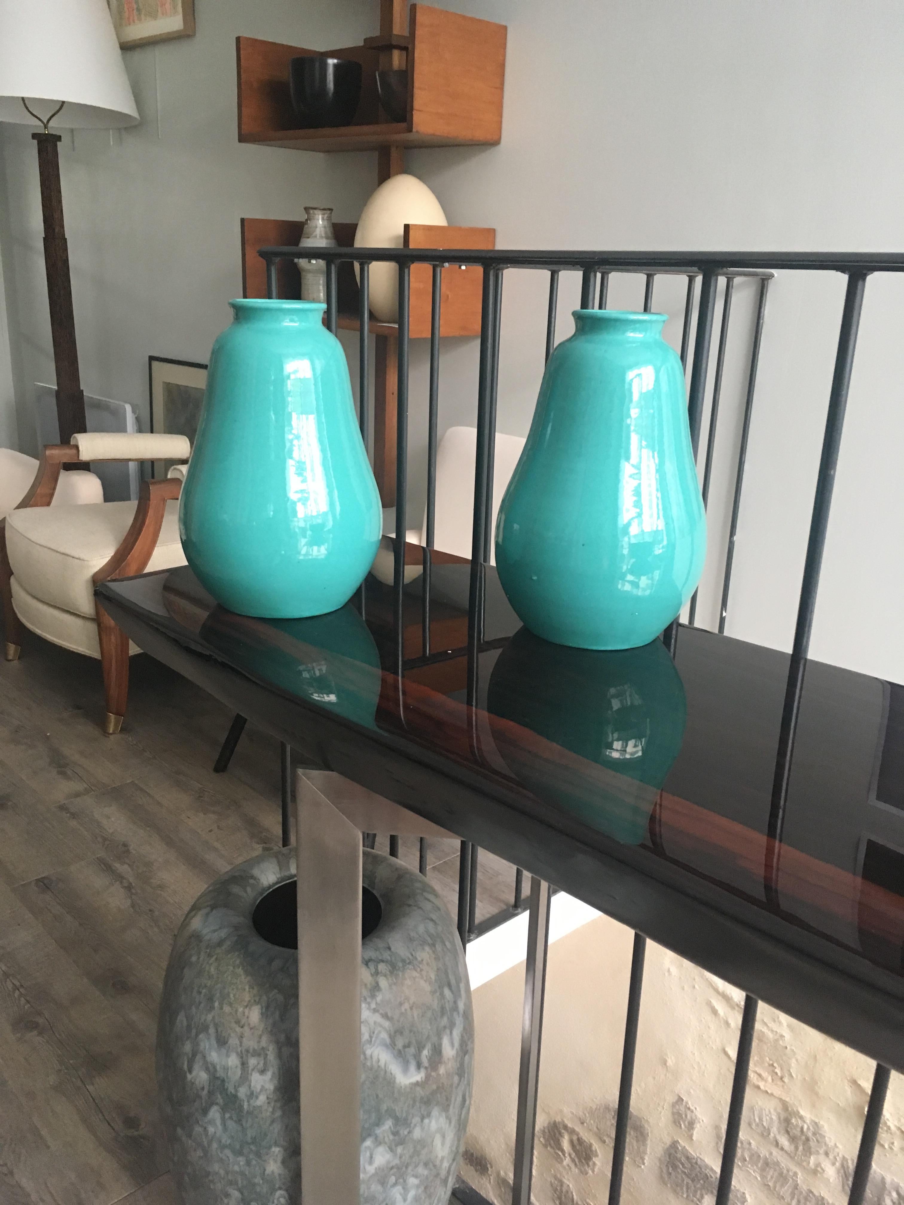 French Pair of Art Deco Turquoise Primavera Vases For Sale