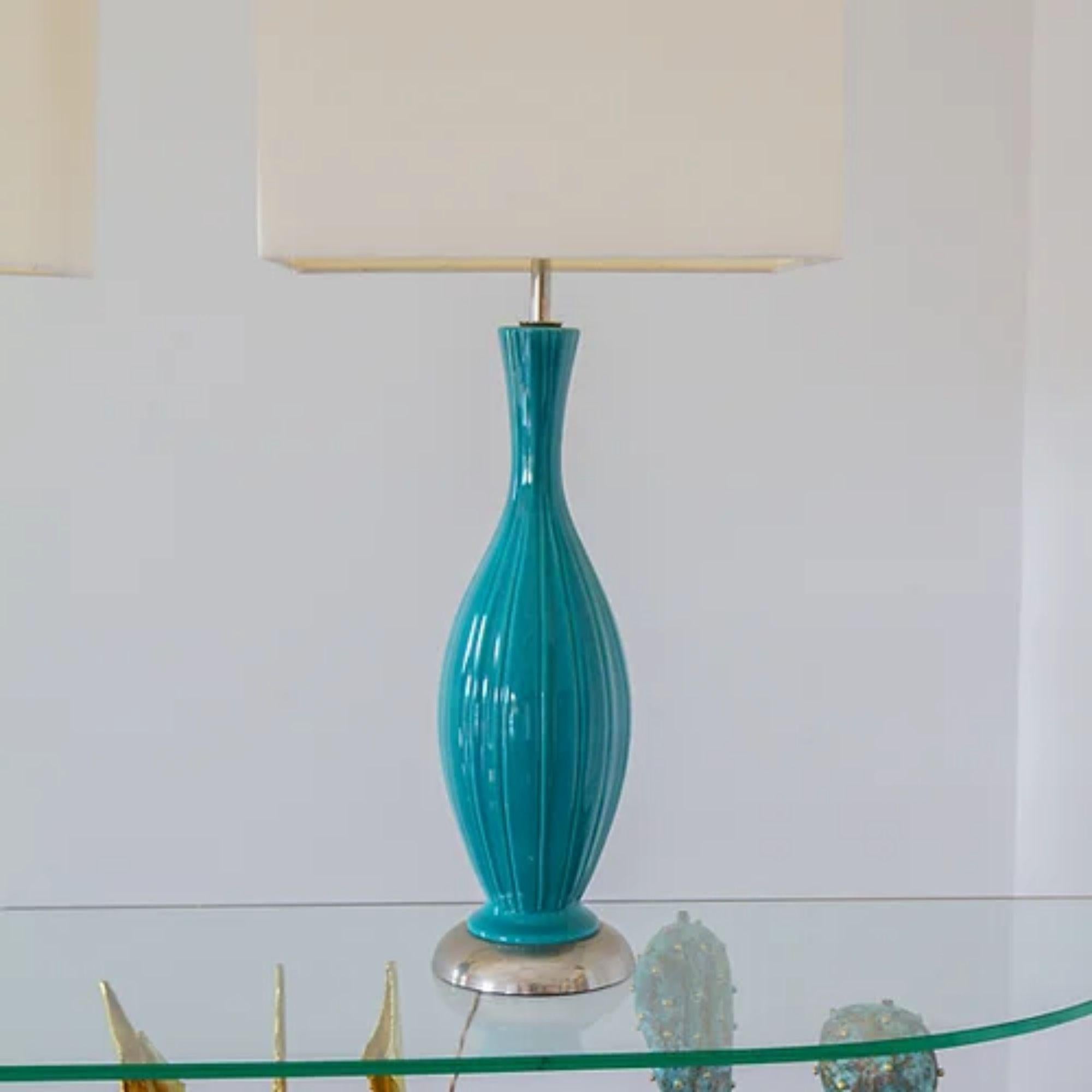 20th Century Pair of Turquoise Ribbed Ceramic Lamps, 1960s