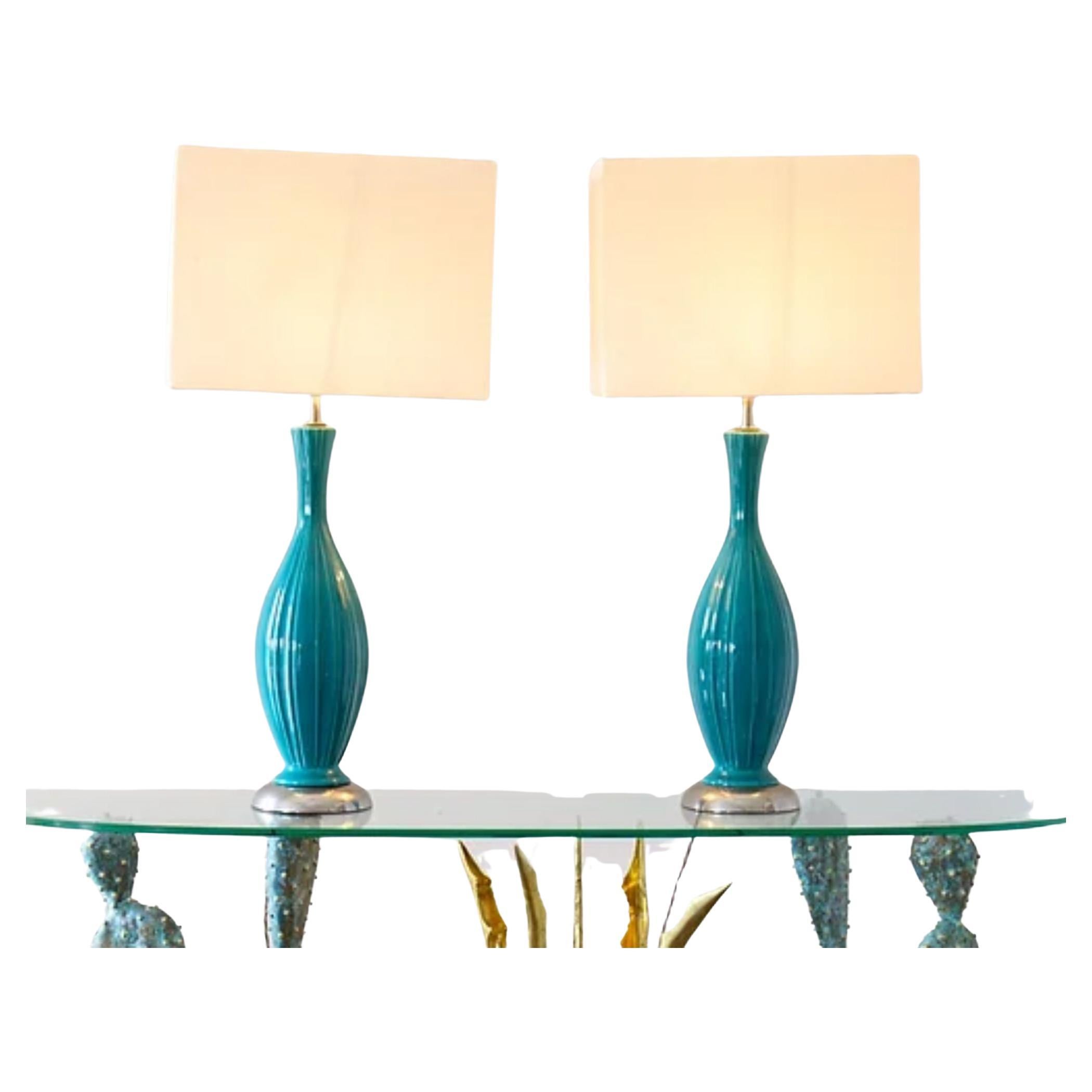Pair of Turquoise Ribbed Ceramic Lamps, 1960s