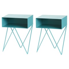 Pair of Turquoise Steel Robot Bedside Tables / Nightstands