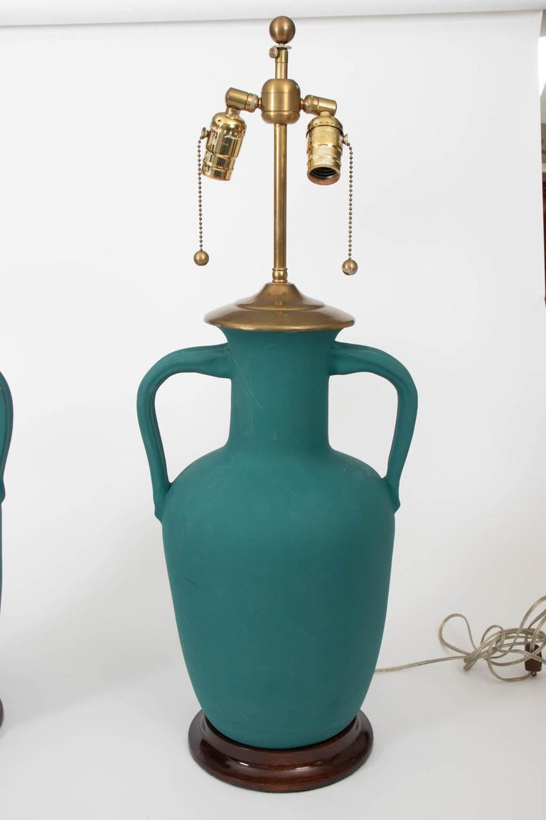 Pair of Turquoise Textured Jug Lamps on Wooden Bases by Chrisopher