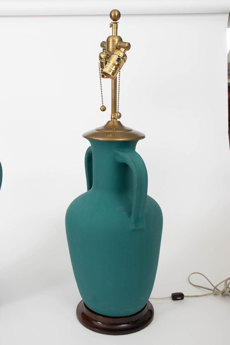 Pair of Turquoise Textured Jug Lamps on Wooden Bases by Chrisopher