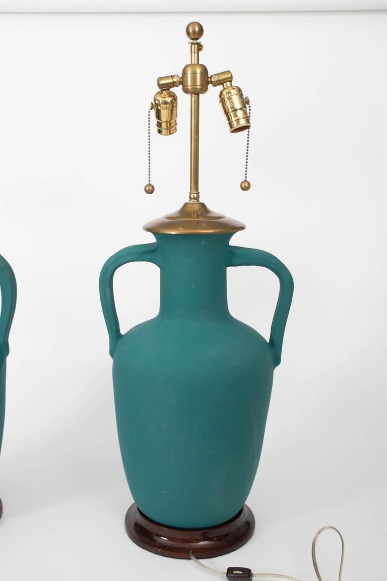 Pair of Turquoise Textured Jug Lamps on Wooden Bases by Chrisopher