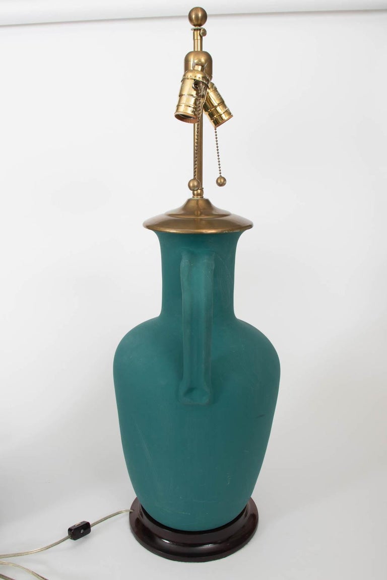 Pair of Turquoise Textured Jug Lamps on Wooden Bases by Chrisopher