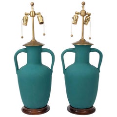 Pair of Turquoise Textured Jug Lamps on Wooden Bases by Chrisopher Spitzmiller
