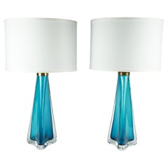 Pair of Turquoise Triangular Orrefors Lamps, Sweden 1960