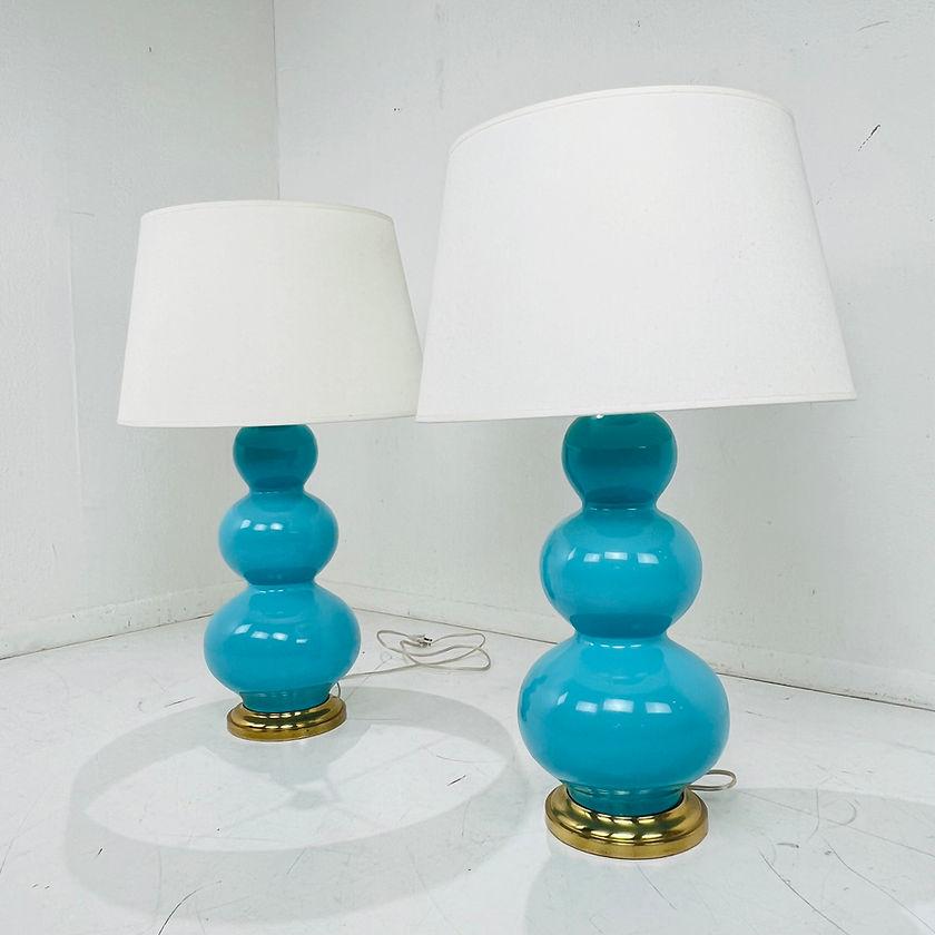 Modern Pair of Turquoise Triple Gourd Ceramic Table Lamps