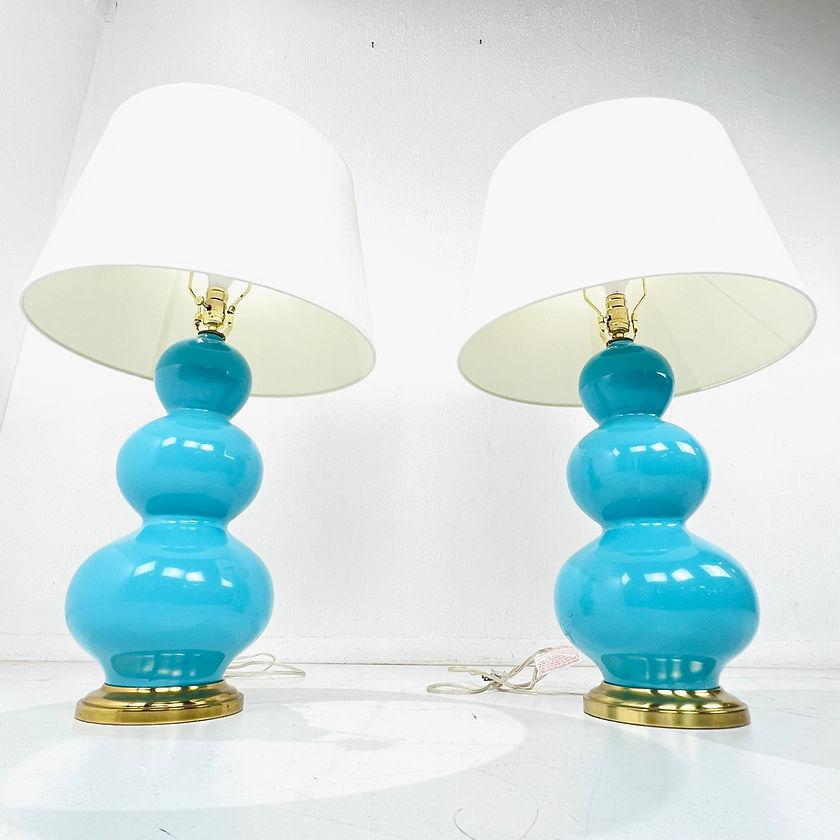 Pair of Turquoise Triple Gourd Ceramic Table Lamps In Good Condition In Dallas, TX