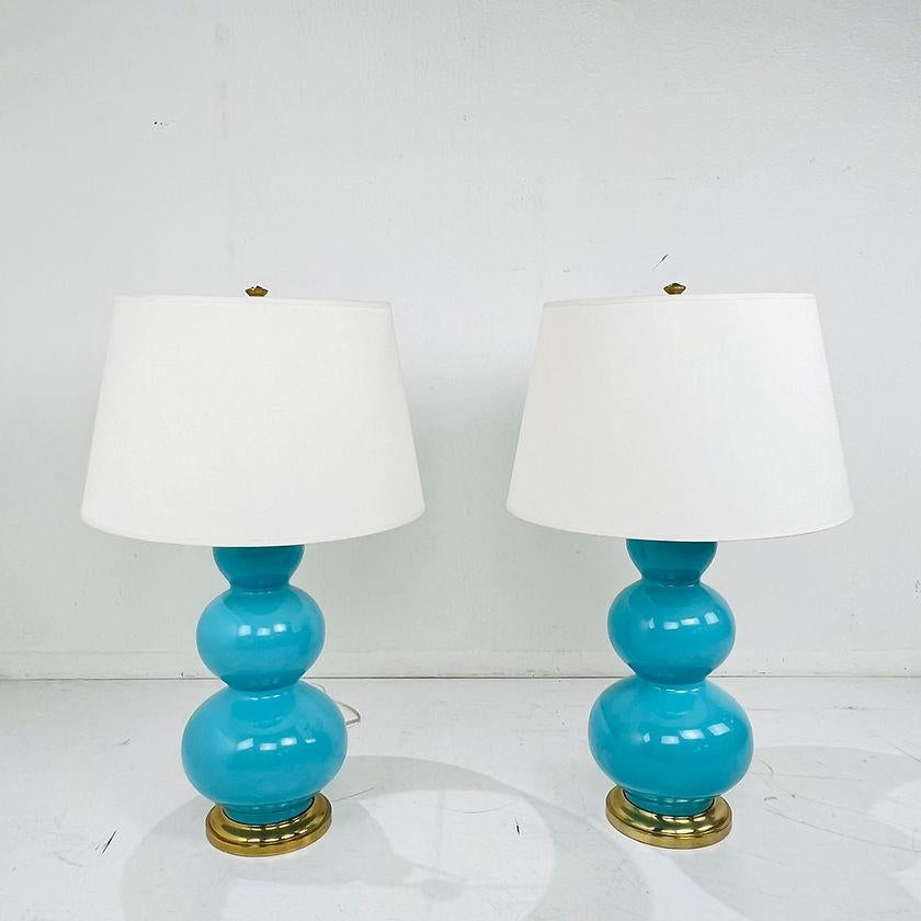 Brass Pair of Turquoise Triple Gourd Ceramic Table Lamps