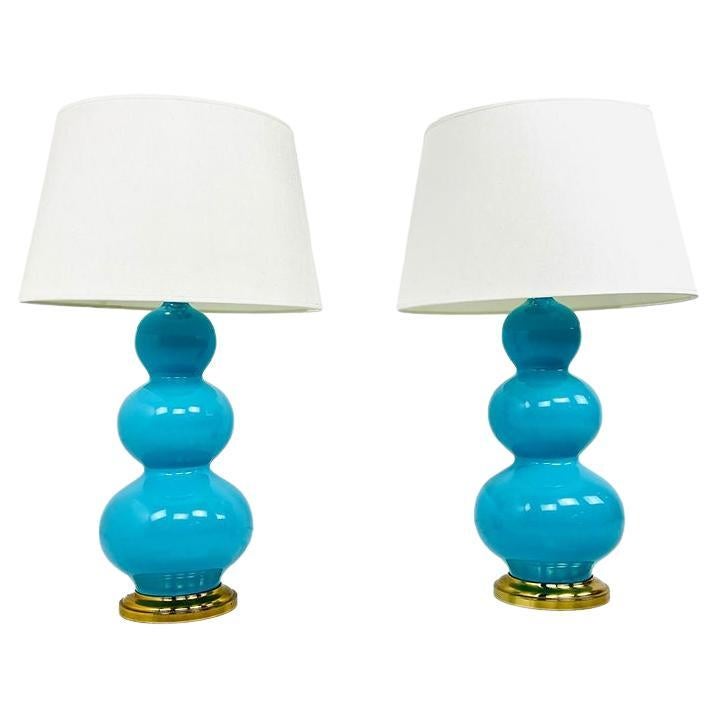 Pair of Turquoise Triple Gourd Ceramic Table Lamps
