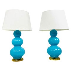 Paire de lampes de bureau à trois gourdes en céramique turquoise