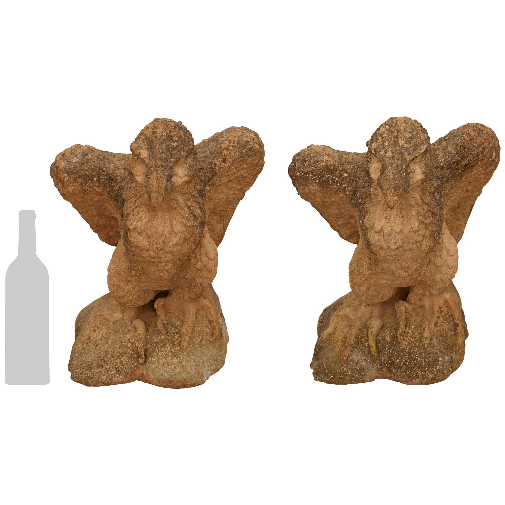 Una meravigliosa e decoratissima coppia di falchi in terracotta del XIX secolo. Ciascun Falcon più affascinante è appollaiato con gli artigli aperti su una formazione di rocce che mettono in mostra la patina originale. Questi eccezionali rapaci