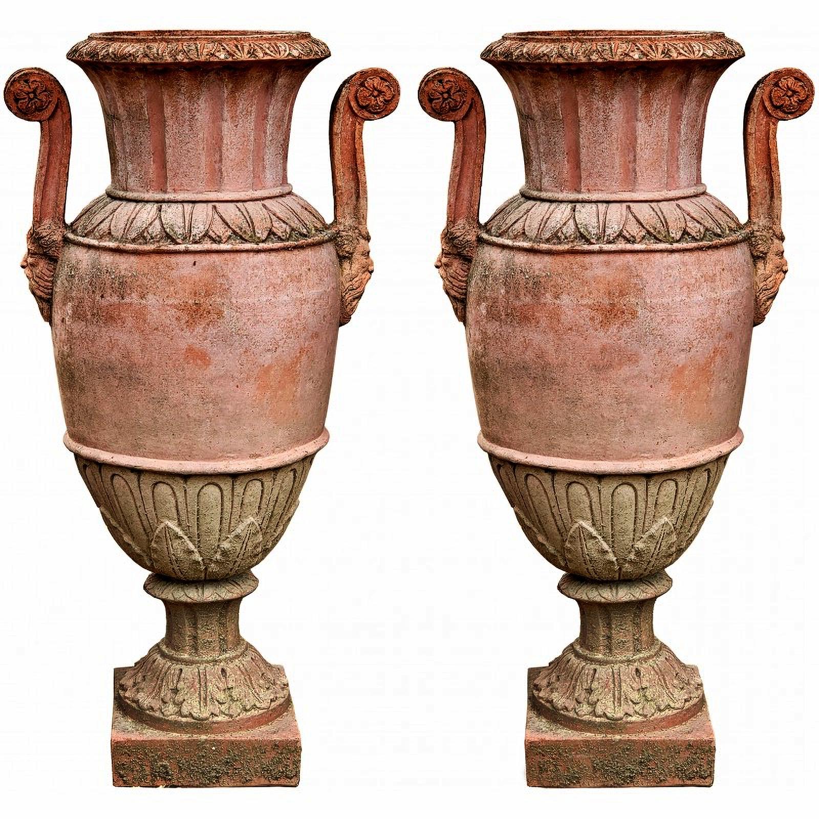 Italian PAIR OF TUSCAN EMPIRE VASES WITH HANDLES TERRACOTTA IMPRUNETA FLORENCE 20th Cent For Sale