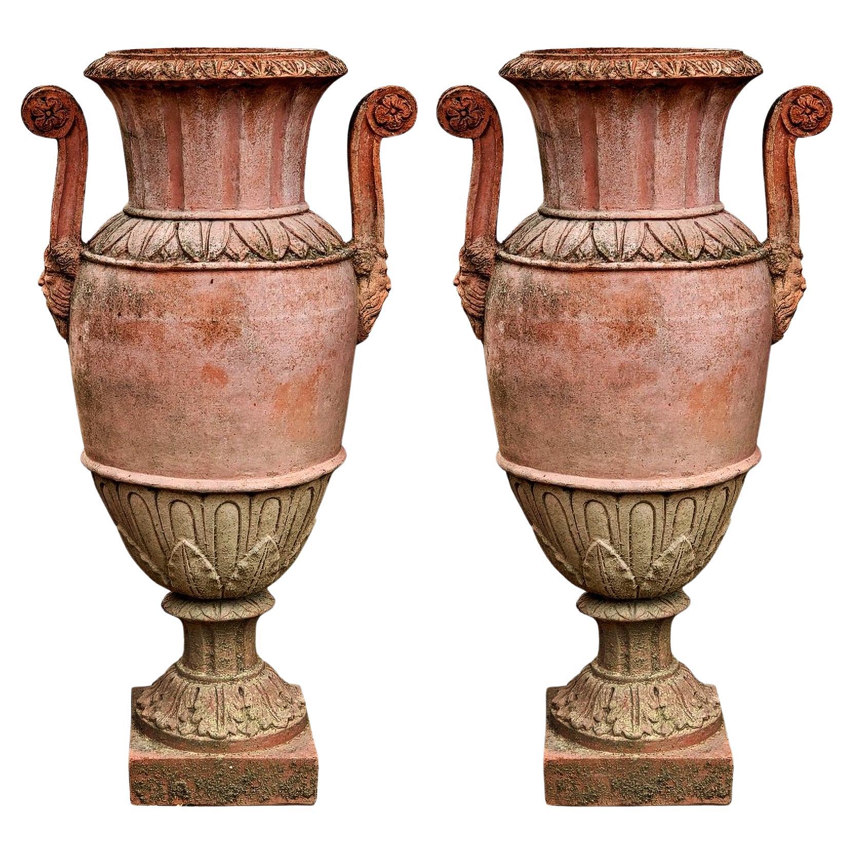 PAIR OF TUSCAN EMPIRE VASES WITH HANDLES TERRACOTTA IMPRUNETA FLORENCE 20th Cent For Sale