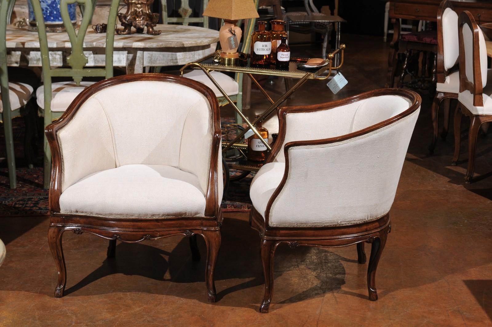 Pair of Tuscan Louis XV Style Walnut Upholstered Club Chairs from Livorno, Italy 4