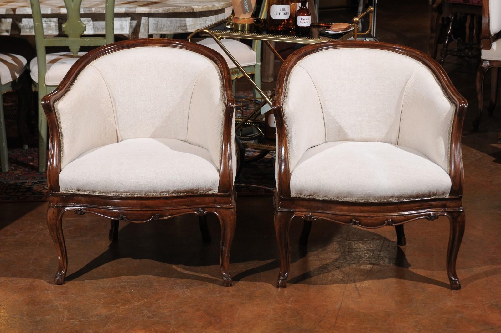 Pair of Tuscan Louis XV Style Walnut Upholstered Club Chairs from Livorno, Italy 6