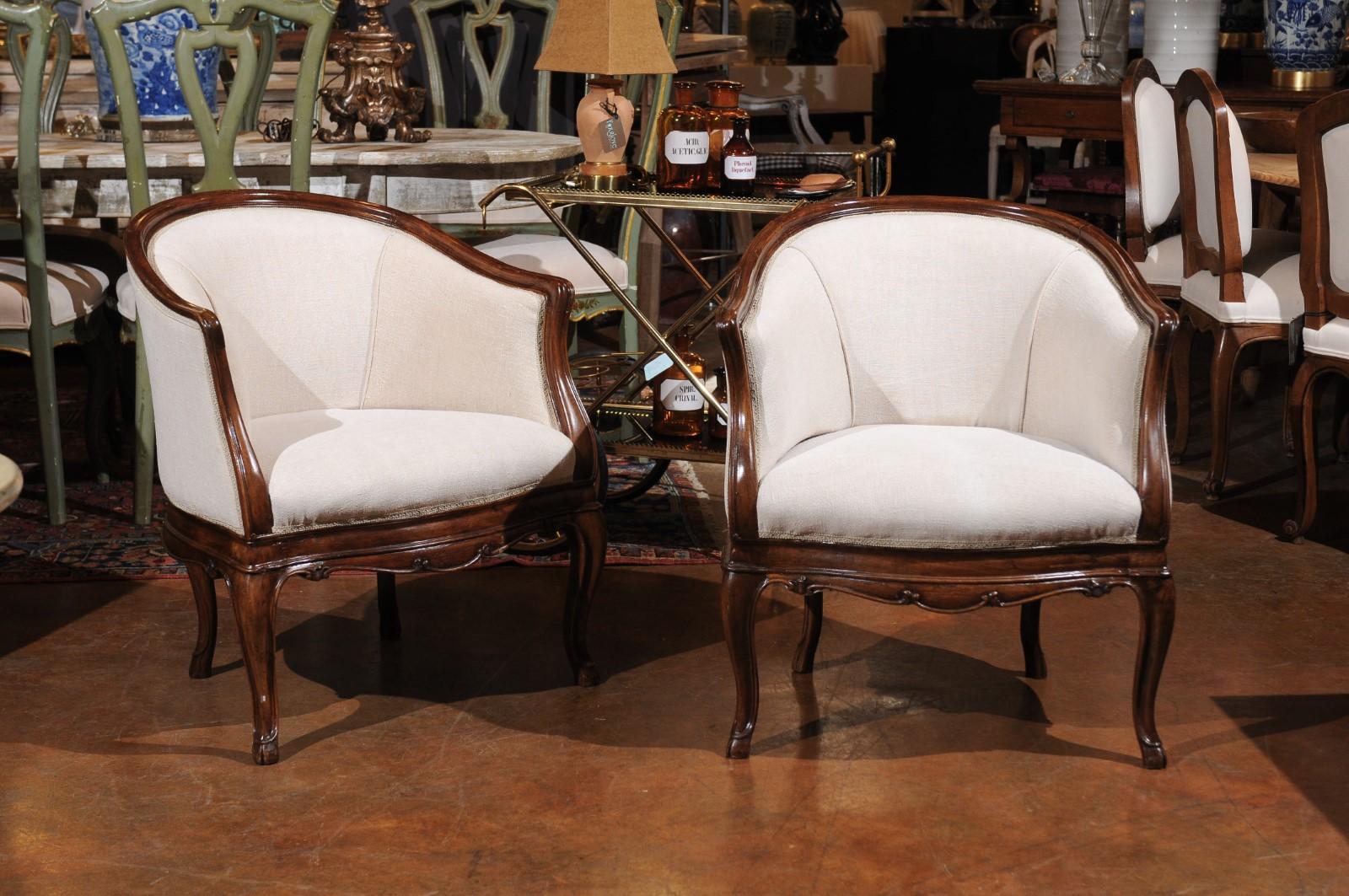 Italian Pair of Tuscan Louis XV Style Walnut Upholstered Club Chairs from Livorno, Italy