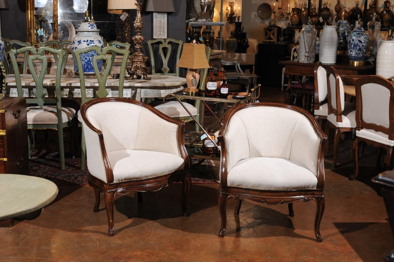 Pair of Tuscan Louis XV Style Walnut Upholstered Club Chairs from Livorno, Italy In Good Condition In Atlanta, GA