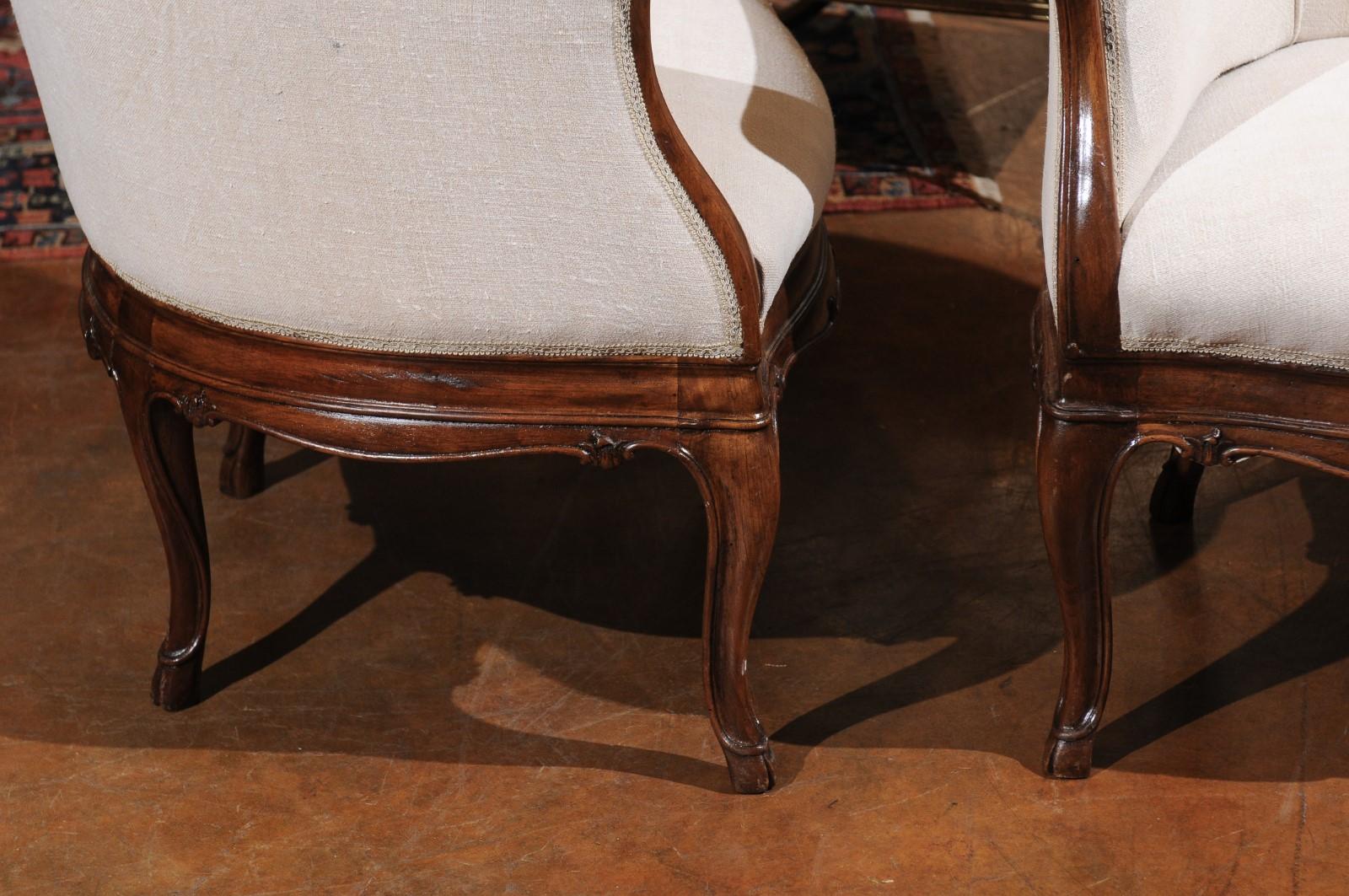 Upholstery Pair of Tuscan Louis XV Style Walnut Upholstered Club Chairs from Livorno, Italy