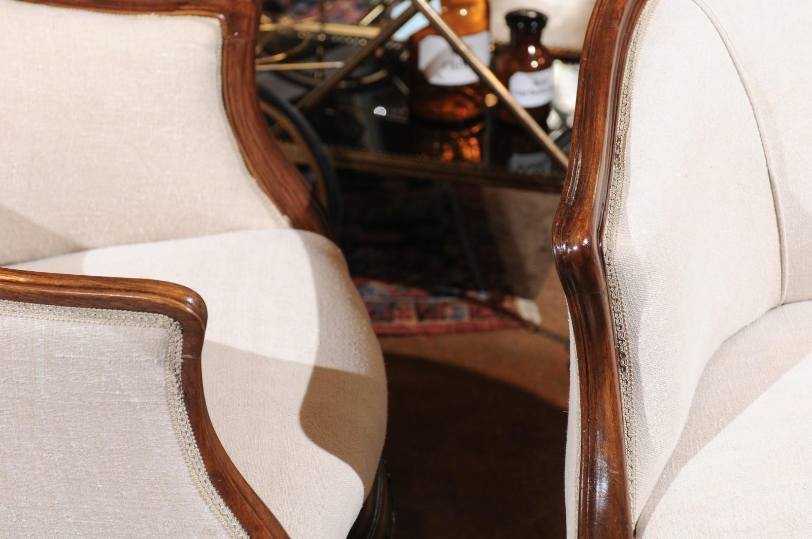 Pair of Tuscan Louis XV Style Walnut Upholstered Club Chairs from Livorno, Italy 1
