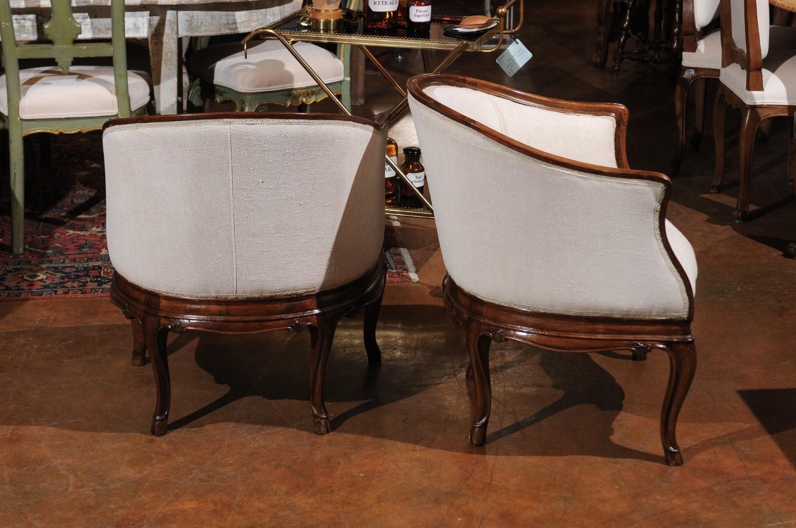 Pair of Tuscan Louis XV Style Walnut Upholstered Club Chairs from Livorno, Italy 2