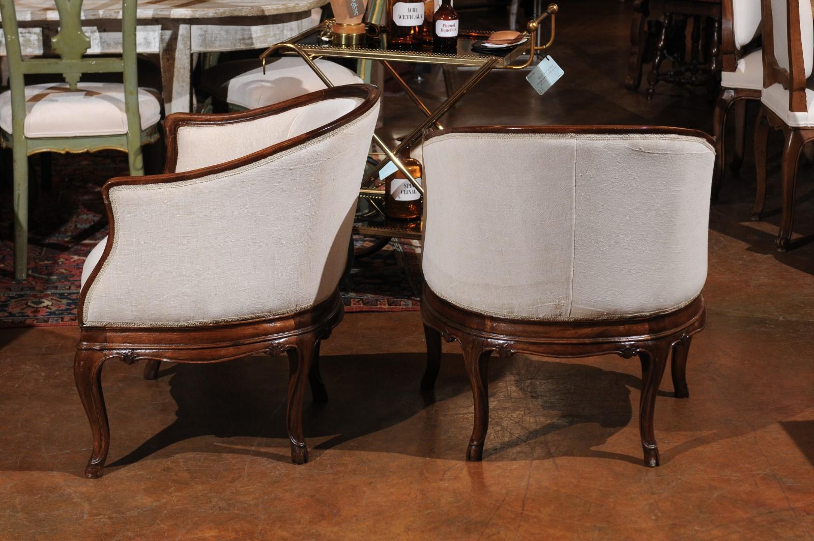 Pair of Tuscan Louis XV Style Walnut Upholstered Club Chairs from Livorno, Italy 3
