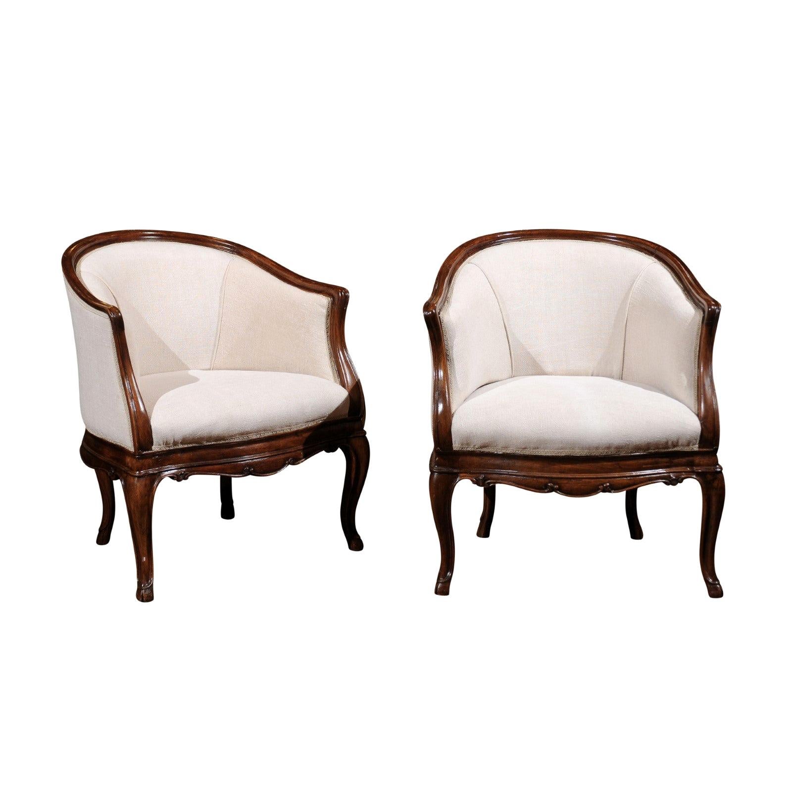 Pair of Tuscan Louis XV Style Walnut Upholstered Club Chairs from Livorno, Italy