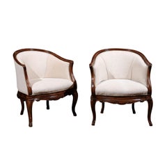 Pair of Tuscan Louis XV Style Walnut Upholstered Club Chairs from Livorno, Italy