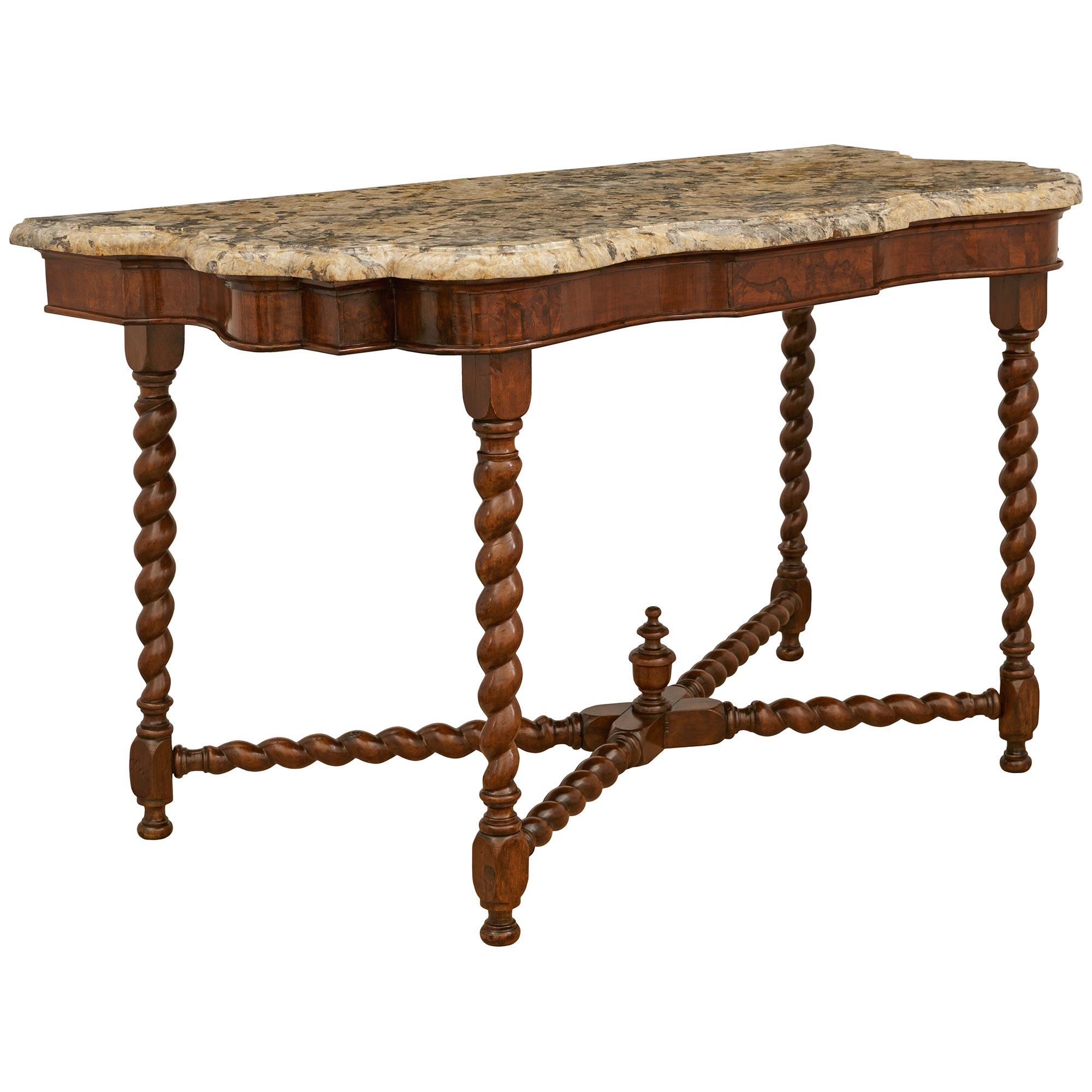 Italian pair of Tuscan mid 17th century Baroque Period Walnut and Marble consoles For Sale