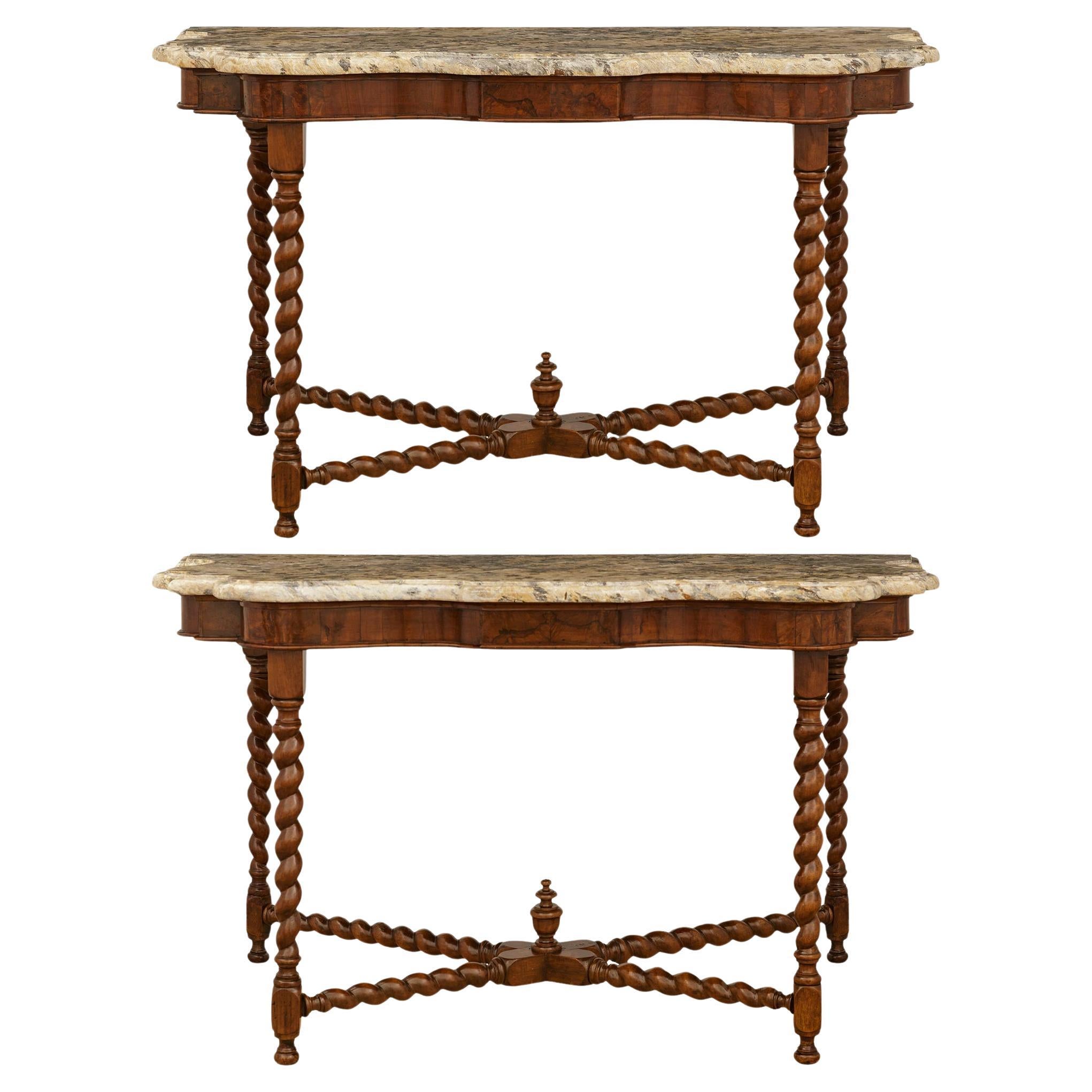 pair of Tuscan mid 17th century Baroque Period Walnut and Marble consoles